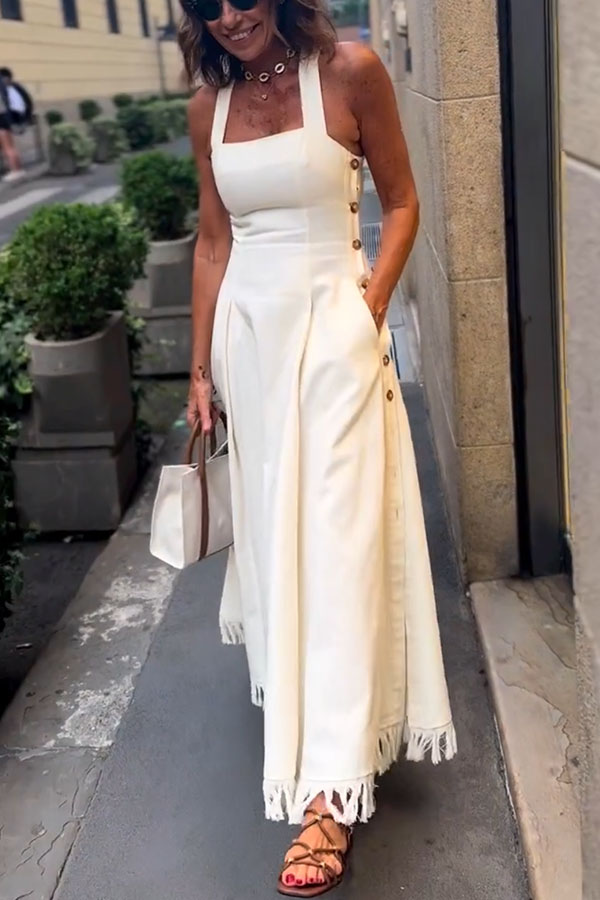 Viki Linen Blend Square Neck Wide Strap Side Button Pocket Tassel Trim Midi Dress-consonak