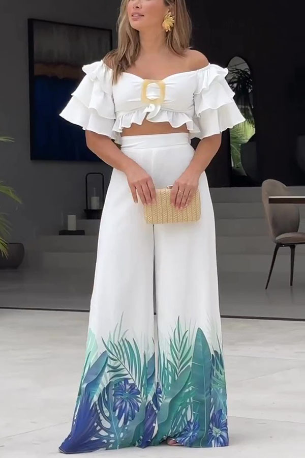 Sexy Off Shoulder Top and High Waisted Wide Leg Printed Pants Suit-consonak