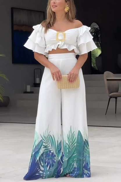Sexy Off Shoulder Top and High Waisted Wide Leg Printed Pants Suit-consonak