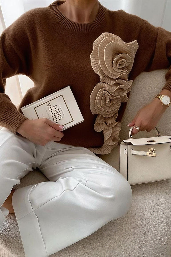 Solid Color 3D Floral Loose Long-sleeved Knit Sweater-consonak