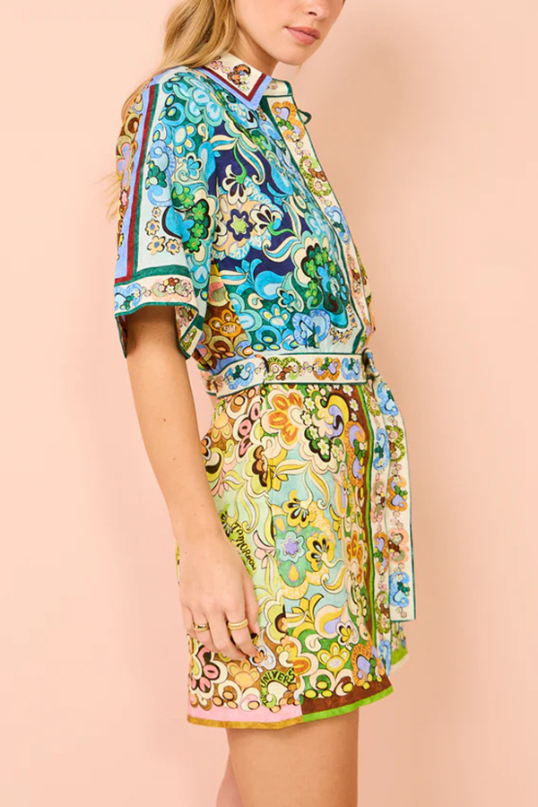 Sasha Linen Blend Unique Printed Shirt Style Tie-waist Mini Dress-consonak