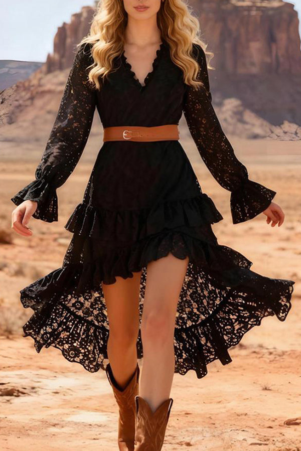 Fashionable Lace V-neck Long-sleeved Irregular Ruffle Midi Dress-consonak