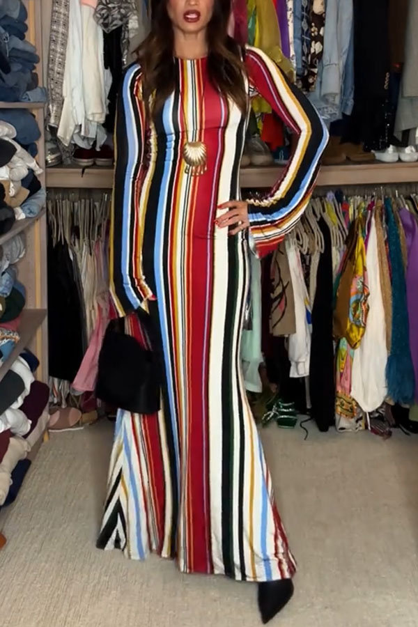Vibrant Holiday Colorful Striped Print Extra Long Sleeve Fitted Flared Maxi Dress-consonak