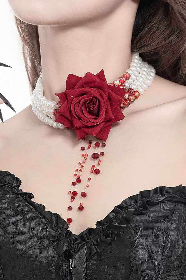 Halloween Dark Blood-stained Pearl Beaded Rose Necklace-consonak