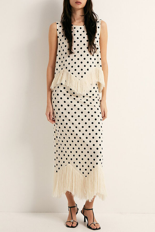 Verrah Linen Blend Polka Dot Print Tassel Trim Elastic Waist Maxi Skirt