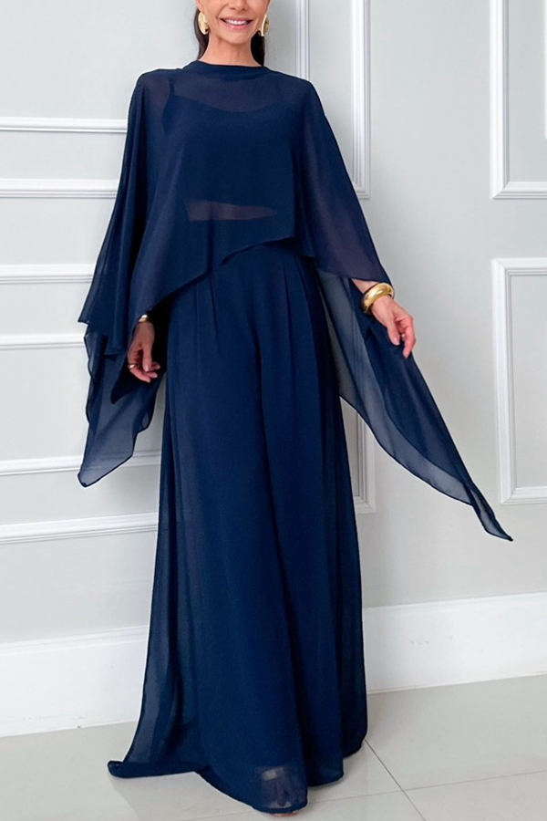 Veronica Chiffon Cape Flowing Top and Elastic Waist Wide-Leg Pants Set-consonak