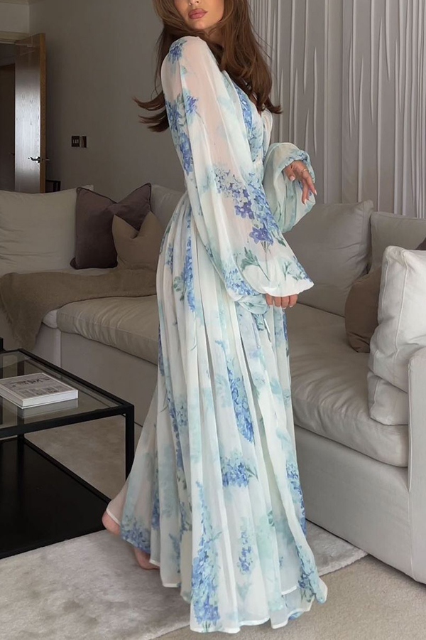 Headed To The Ocean Chiffon Floral Drawstring Waist Maxi Dresses-consonak