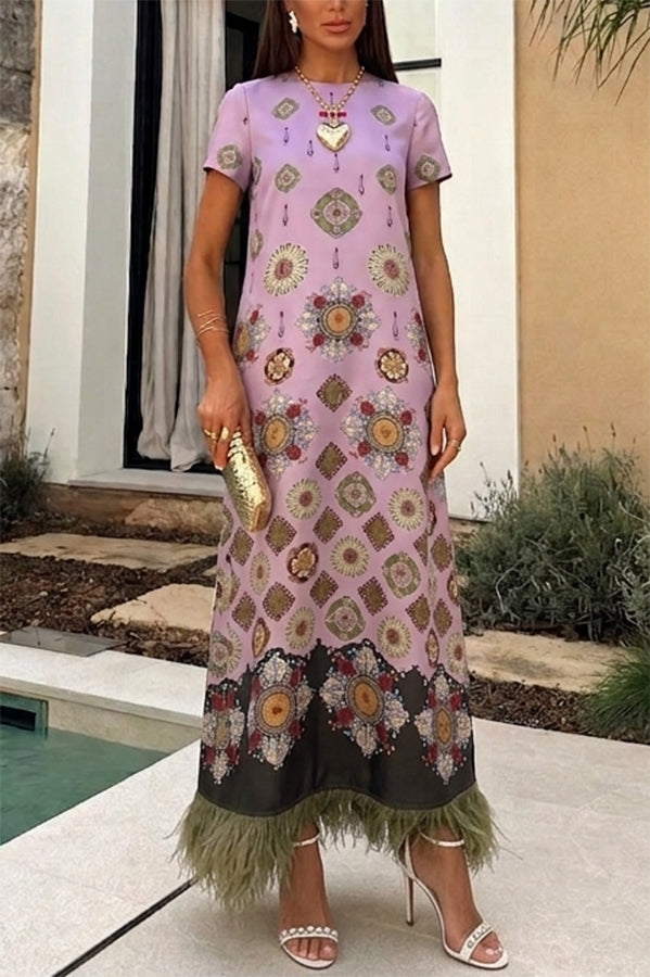 Lucia Satin Baroque Court Style Printed Short Sleeve Pocket Feather Trim Maxi Dress | Consonak