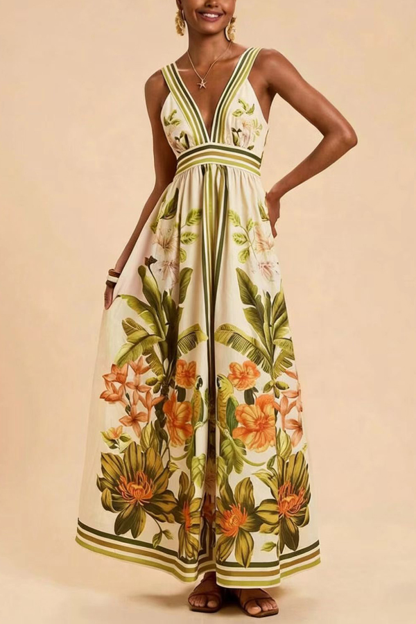 Botanical Print V-neck Backless Pleated Casual Vacation Maxi Dress