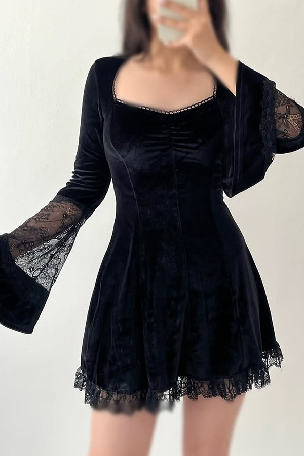 Solid Color Velvet and Lace Spliced long-sleeved Elegant Mini Dress-consonak