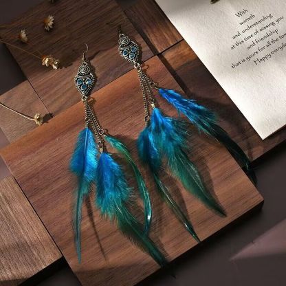 Vintage chain tassel bohemian feather earrings-consonak