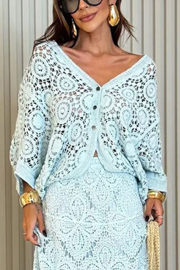 Anina Knit Crochet Cutout Button Up Batwing Half Sleeve Loose Cover-up Top