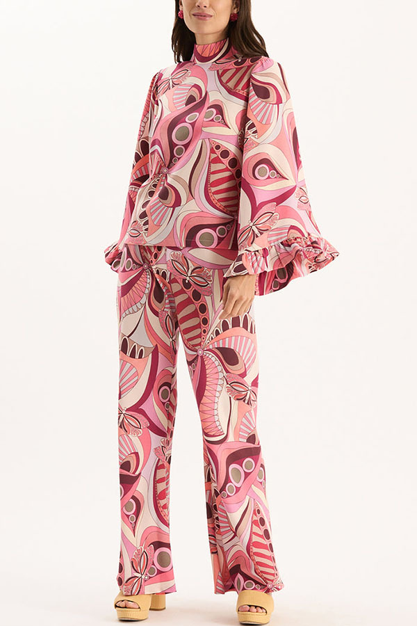 Sarah Unique Print High Neck Ruffle Bell Sleeve Top and Elastic Waist Pocket Loose Pants Set-consonak