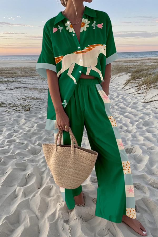 White Horse Print Oversized Shirt and Elastic Waist Pocket Pants Set-consonak