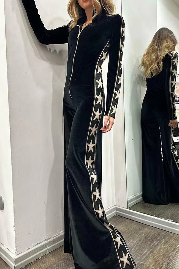 Star-print Velvet Patchwork Zipped Wide-leg Jumpsuit(ONE SIZE DOWN) | Consonak