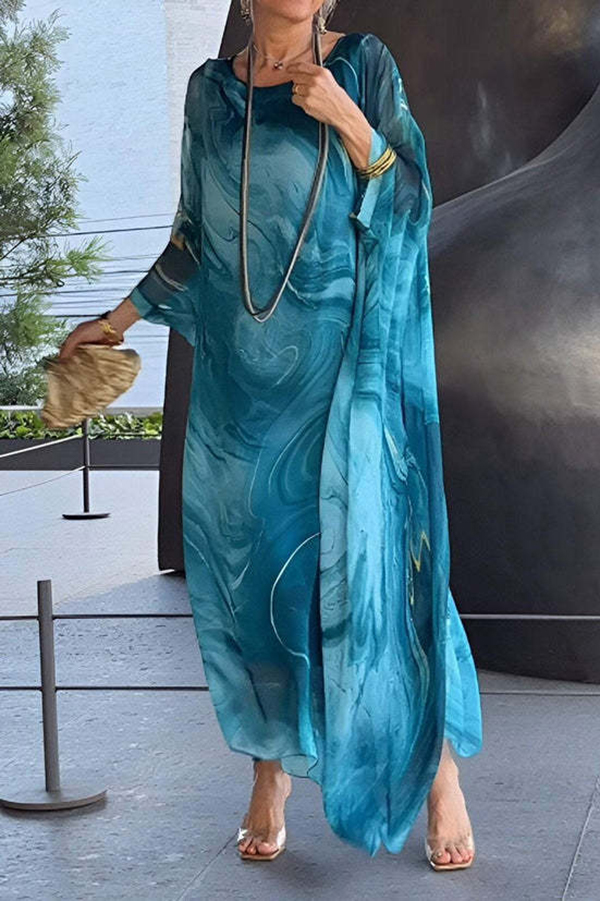 Unique Printed Crew Neck Loose Resort Style Maxi Dress-consonak