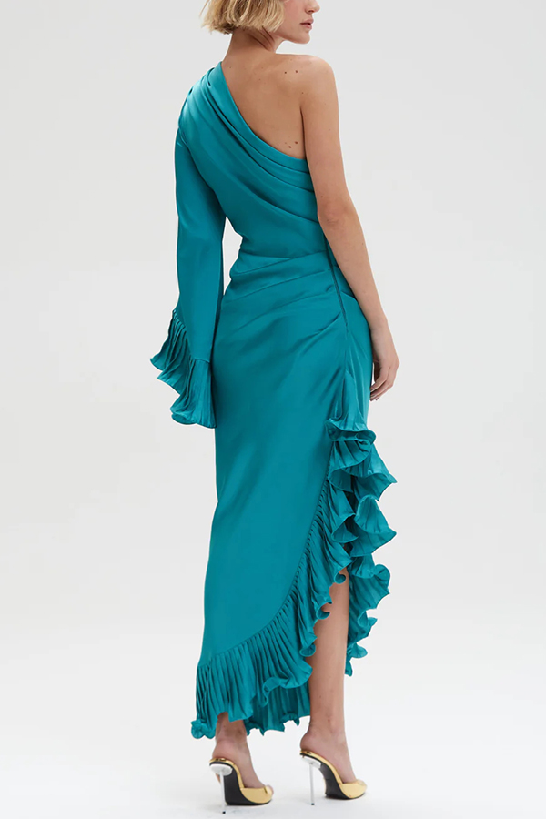 Elegant Satin One Shoulder Sleeve Pleated Ruffles Trim Ruched Asymmetrical Maxi Dress-consonak
