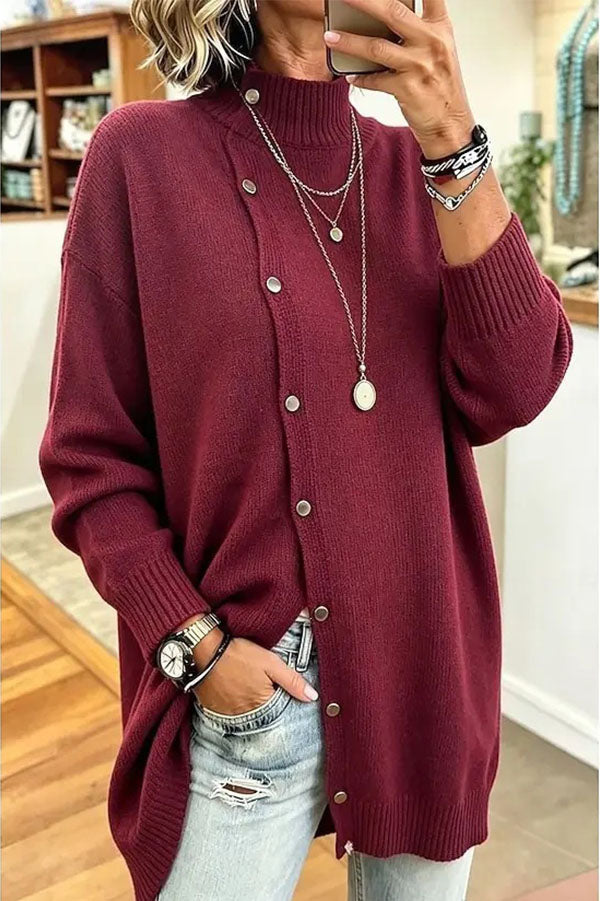 Warm Season Knit Turtleneck Button-down Long Sleeve Loose Sweater-Consonak