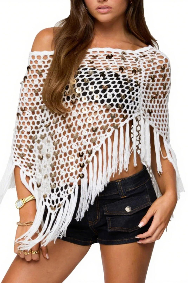 Fashionable Sequined Openwork Woven Tassel Resort Cape-consonak