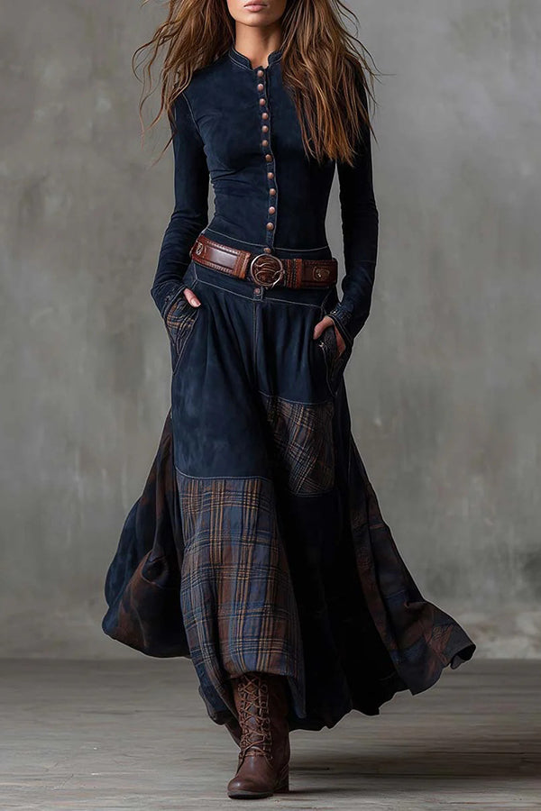 Retro-style Patchwork Single-breasted Long-sleeved Casual Pocket Maxi Dress | Consonak