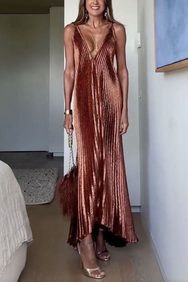 Muse Glitter Fabric Pleated V-neck Tulip-cut Hemline Slip Maxi Dress