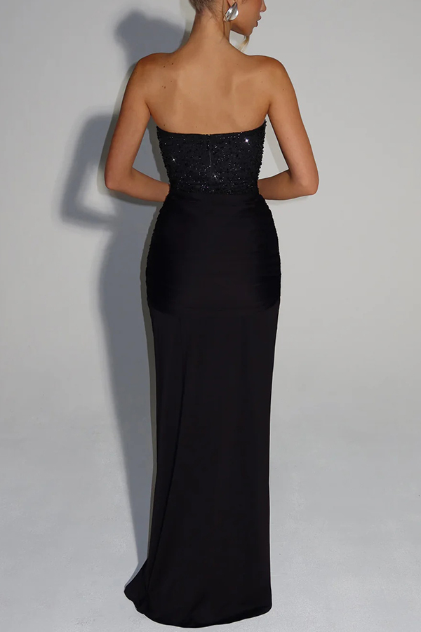 Carina Sequined and Satin Jersey Off Shoulder Ruched Knot Drape Maxi Dress | Consonak