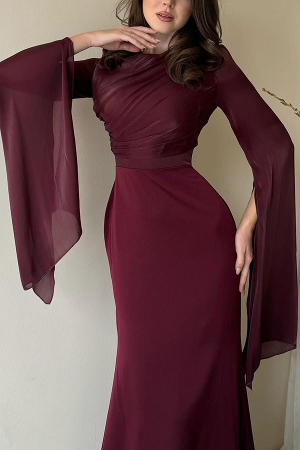 Liora Ruched Organza and Satin Patchwork Design Long Bell Slit Sleeve Maxi Dress-consonak