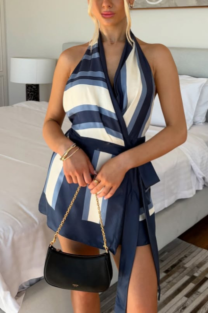 Summer Striped Print Halter Neck Backless Tie Mini Dress-consonak