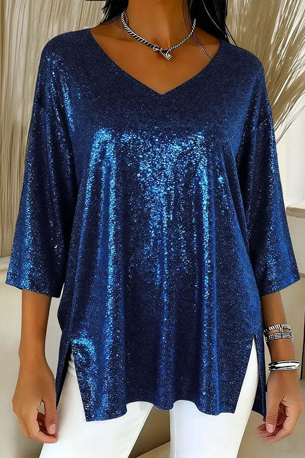 Solid Color Loose V-neck Shiny Casual Top-consonak