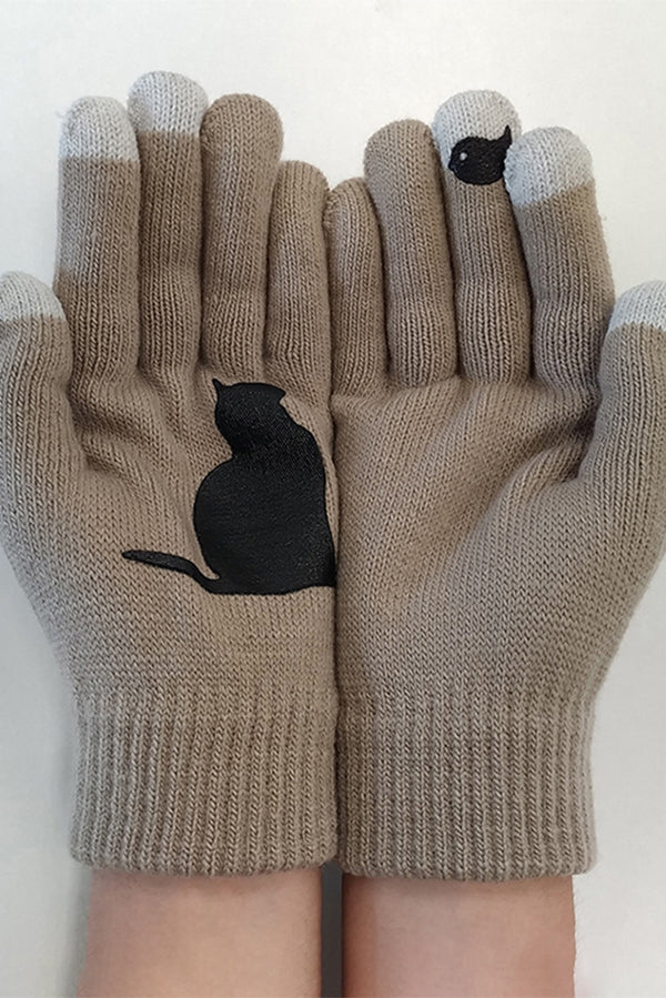 Cat and Bird Print Gloves-consonak