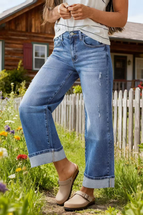Stylish Loose Pockets Casual Rolled-up Straight-leg Jeans