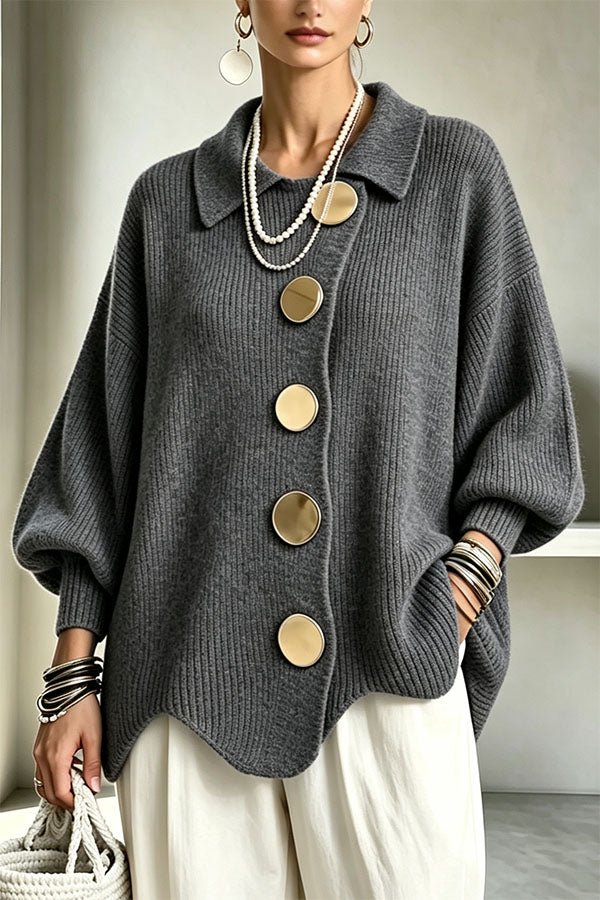 Shelia Knit Oversized Metal Buckle Balloon Sleeve Lapel Cardigan-Consonak