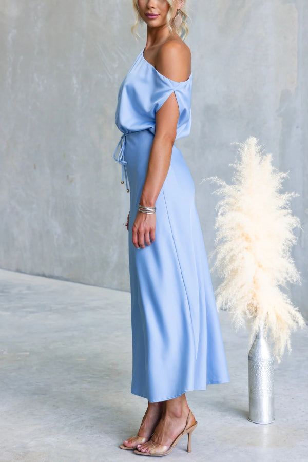 Solid Color One-shoulder Sleeveless Belted Casual Maxi Dress-consonak