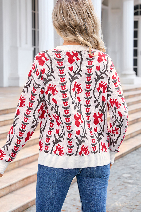 Fashionable Floral Knitted Crew Neck Casual Sweater-consonak