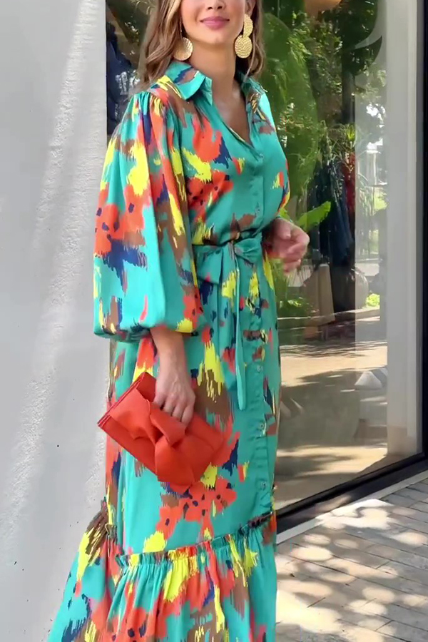 Multicolor Printed Lapel Balloon Sleeves Tie-waist Maxi Dress-consonak