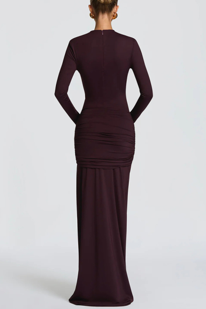 Sexy Cutout Fitted Long-sleeved Pleated Satin Ribbon Maxi Dresses-consonak
