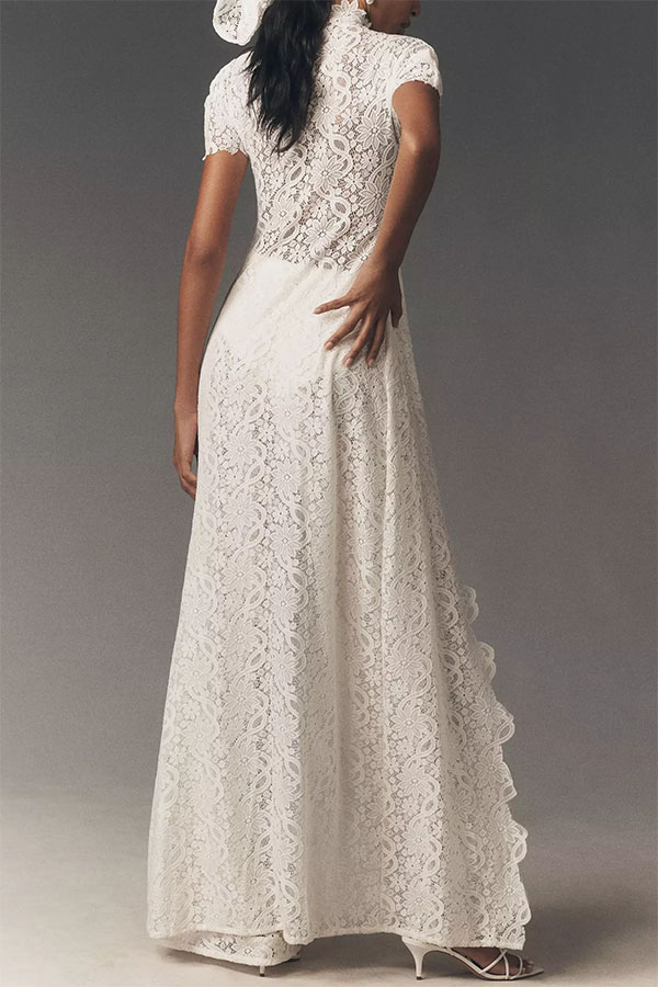 Elegance Avant-garde Floral Lace Short Sleeve High Low Top and High Rise Wide Leg Pants Set-Consonak
