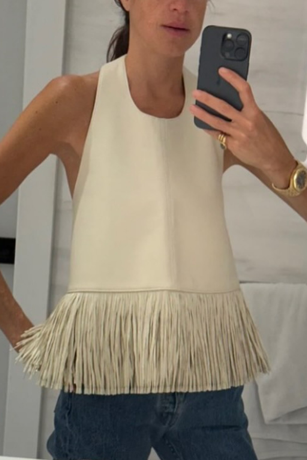 Stylish Halter Neck Sleeveless Leather Tassel Loose Top