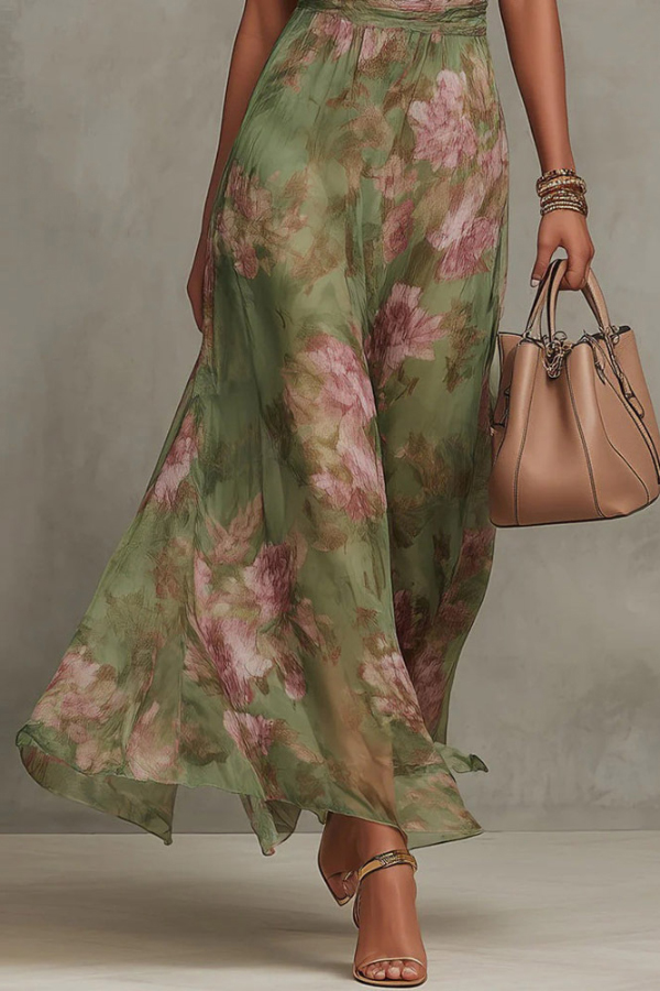 Floral Print Halter Neck Sleeveless Fitted Waist Casual Vacation Maxi Dress | Consonak