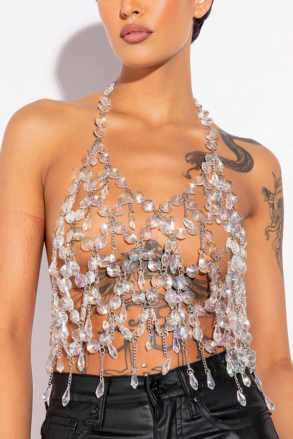 Sexy Hollow Shiny Crystal Pendant Vest-consonak