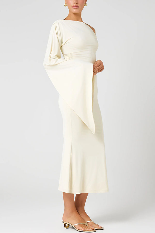 Ariarne Asymmetric Neck Long Draped Sleeve Gold Hardware Detail Midi Stretch Dress