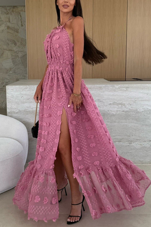 Gloria Embroidery Flowers Elastic Waist Halter Backless Slit Maxi Dress-consonak