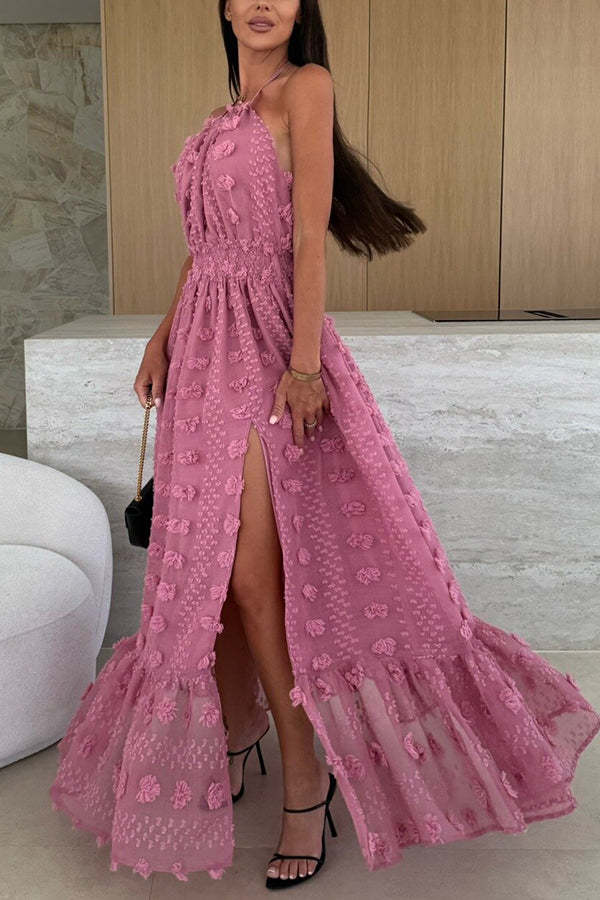 Gloria Embroidery Flowers Elastic Waist Halter Backless Slit Maxi Dress-consonak