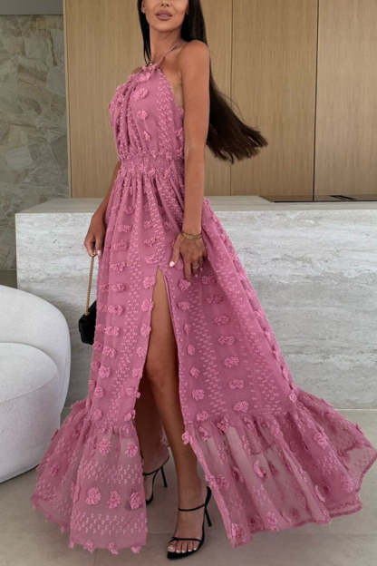 Gloria Embroidery Flowers Elastic Waist Halter Backless Slit Maxi Dress-consonak