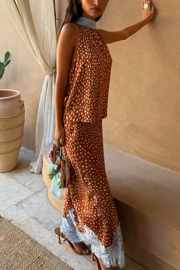 Stunning Fawn Print Contrast Color Satin Lace Trim Mid Rise Maxi Skirt-consonak