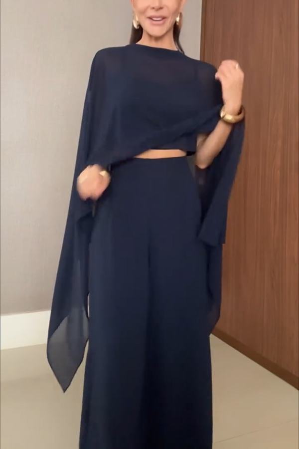 Veronica Chiffon Cape Flowing Top and Elastic Waist Wide-Leg Pants Set-consonak