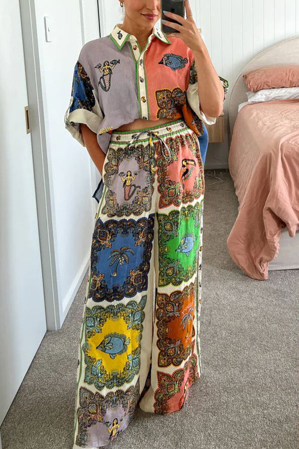 Sunny Delights Linen Blend Mermaid Print Elastic Waist Pocketed Wide Leg Pants-consonak