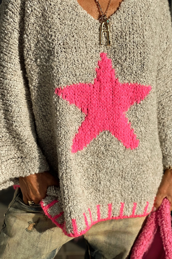Warm Winter Day Texture Knit Star Pattern Contrast Color Loose Sweater-consonak