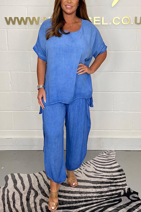 Greyson Flowy Loose Blouse and Elastic Waist Slit Pants Set-consonak