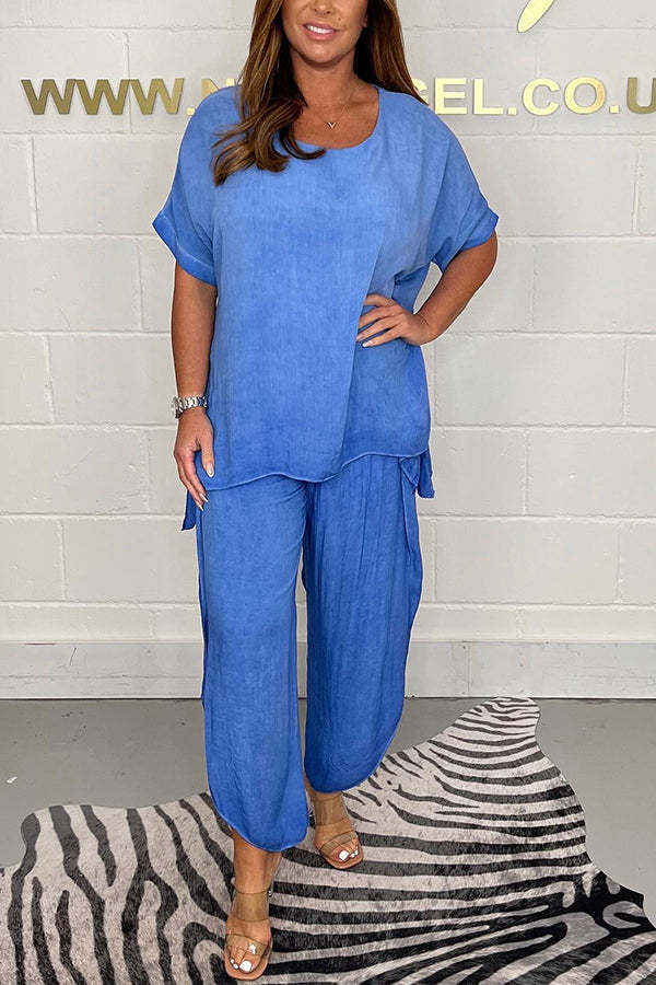 Greyson Flowy Loose Blouse and Elastic Waist Slit Pants Set-consonak